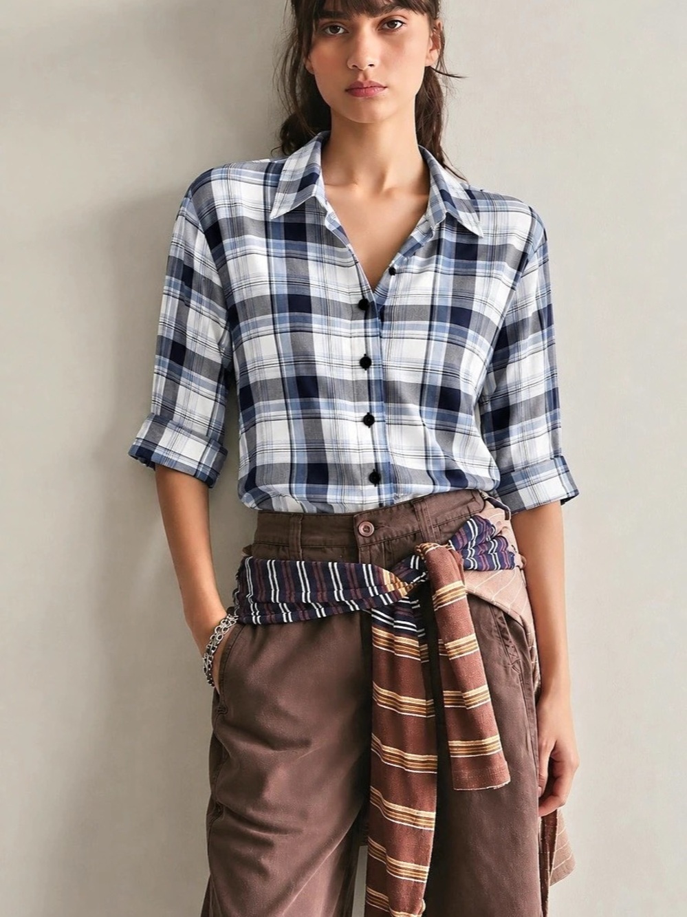 447. ALIA Plaid Button Down Shirt in Blue & White Size 16